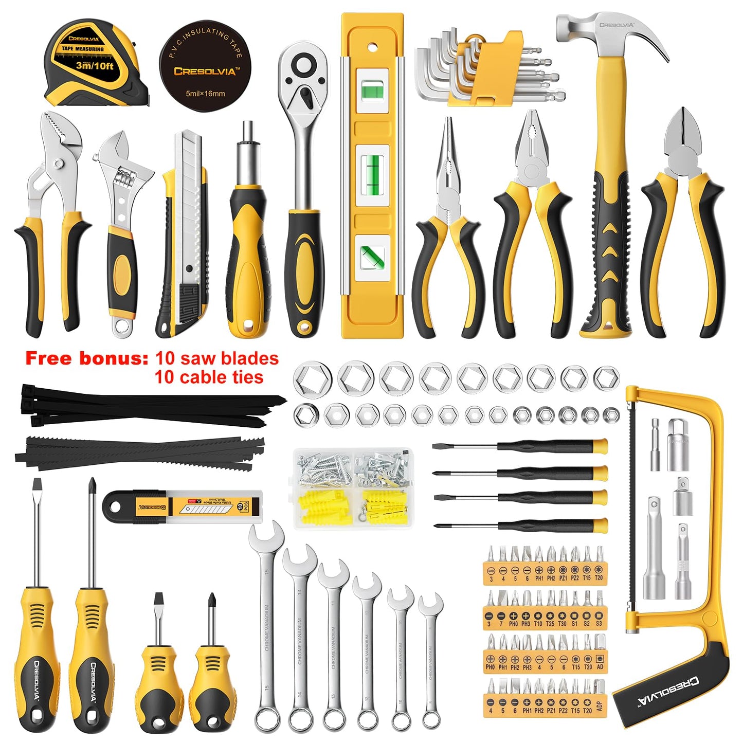 CRESOLVIA 199 Piece Tool Kit for Home,General Household/Auto Repair Tool Set,Basic Hand Tool Kit with Socket Wrench,Tool Box Case for Men,Perfect for Diyer Handyman Homeowner