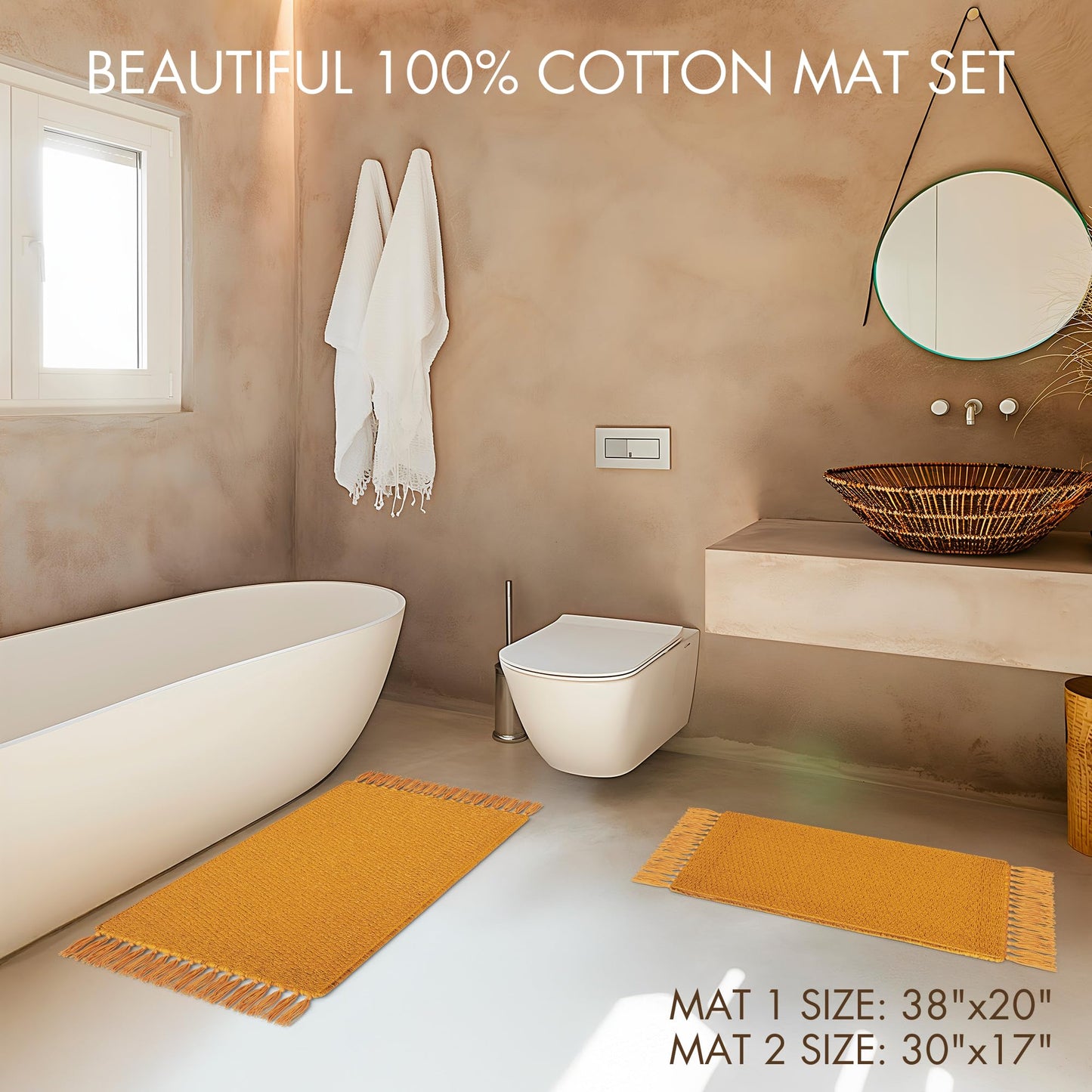 KIBAGA Set of 2 Soft Boho Bathroom Rugs - Beautiful Boho Cotton Rugs that Fit Perfectly Into Your Bath or Kitchen - Washable, Non-Slip Mats Ideal to Enhance Your Modern Home Decor