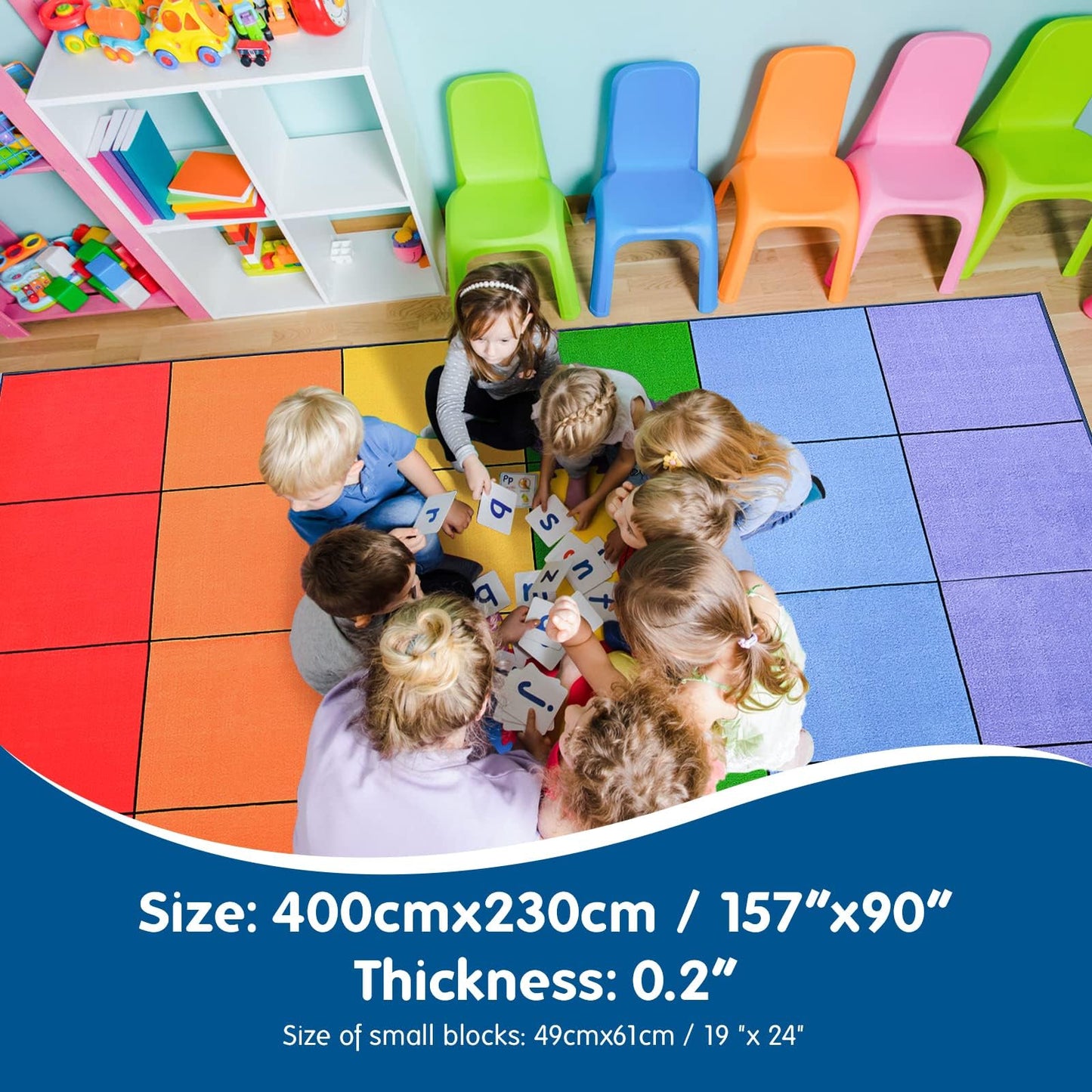 Boooooom Jackson Classroom Rug - 7'6''x13'12'' Vibrant Rainbow Preschool Classroom Carpet with Seating Squares, Non-Slip & No-Trip Edges, Vibrant Colors for Kids Playroom Floor Mat