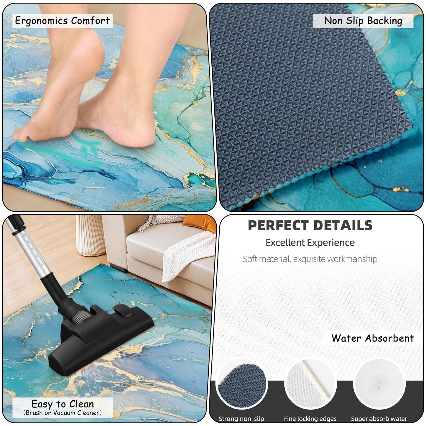Teal Kitchen Rugs Sets of 2 Non Slip Blue Gold Turquoise Marble Kitchen Mats for Floor with Rubber Backing Washable Kitchen Runner Rug Carpet 17"x47"+17"x30" for Hallway Laundry