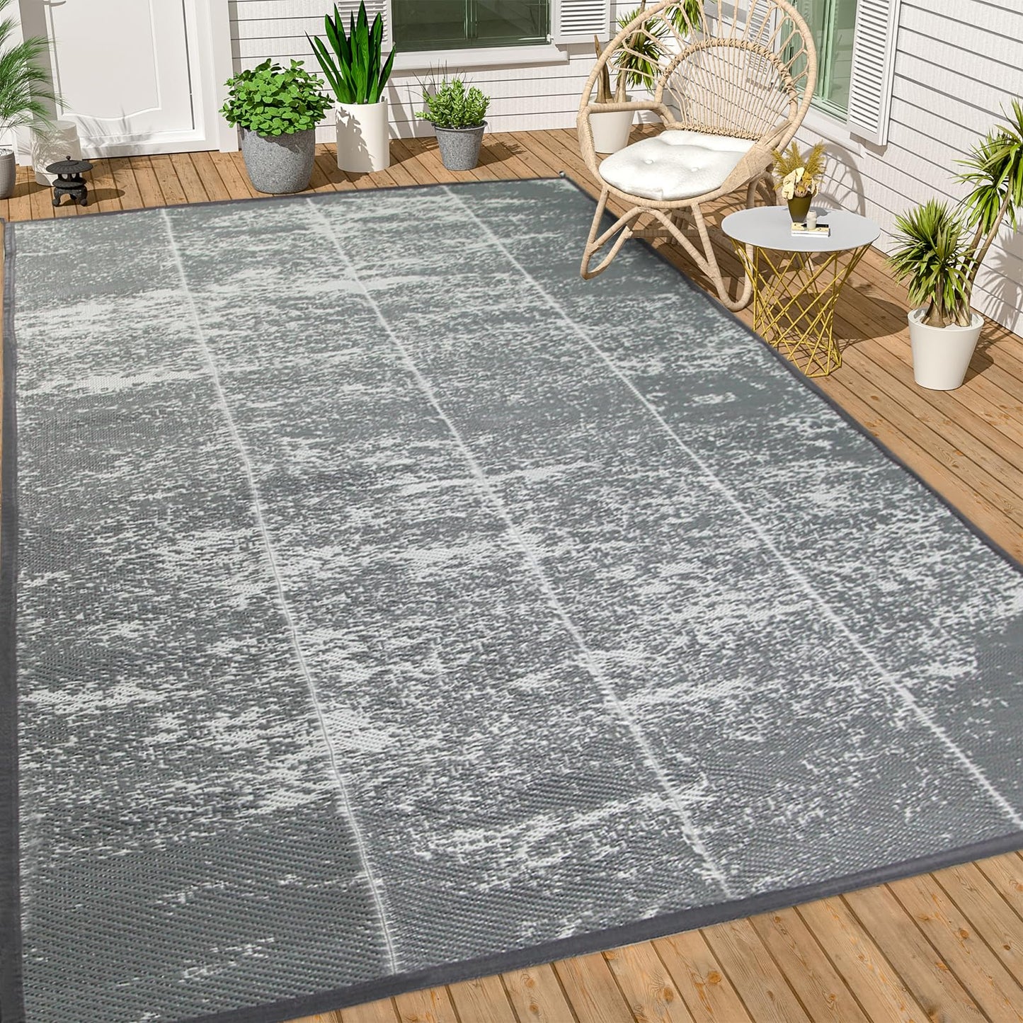5'x 8' Outdoor Rug,Waterproof Reversible Patio Rugs,5x8 ft Plastic Straw Outdoor Carpet Foldable Plastic Camping Mat for Outside RV, Patio,Picnic,Camper,Balcony,Porch(5 x 8,Deep Gray)