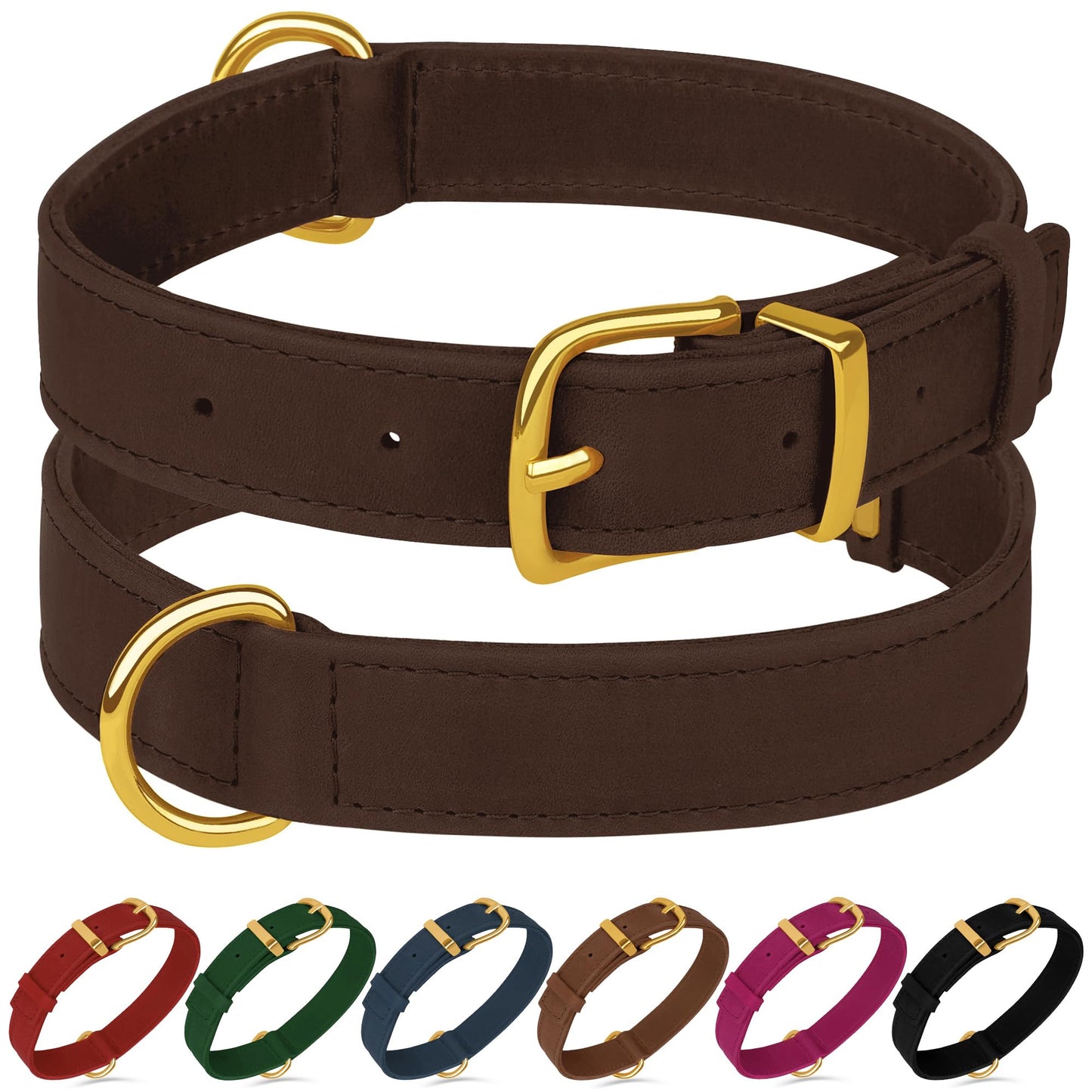 Leather Dog Collar - Heavy Duty Adjustable Soft Padded Pet Collars for Small Medium Large Dogs Breed - Black Green Brown Pink Red Blue (Brown, M, 12"-15" Neck Fit)