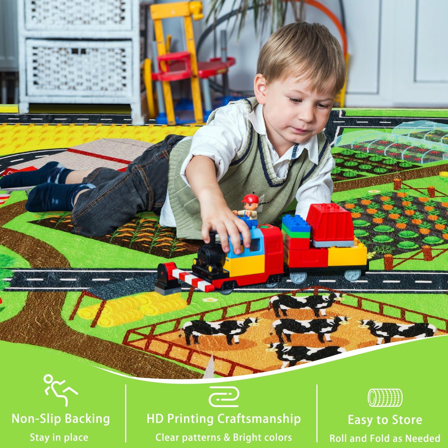 Mfmiudole Kids Rug for Car Toy Farm Track View, Large Play Rug 6'7" x 9'2" with Road Traffic Play Carpet Washable Educational Mat for Toddler Playroom Classroom Nursery (1-Farm Life, 110"×78.7")