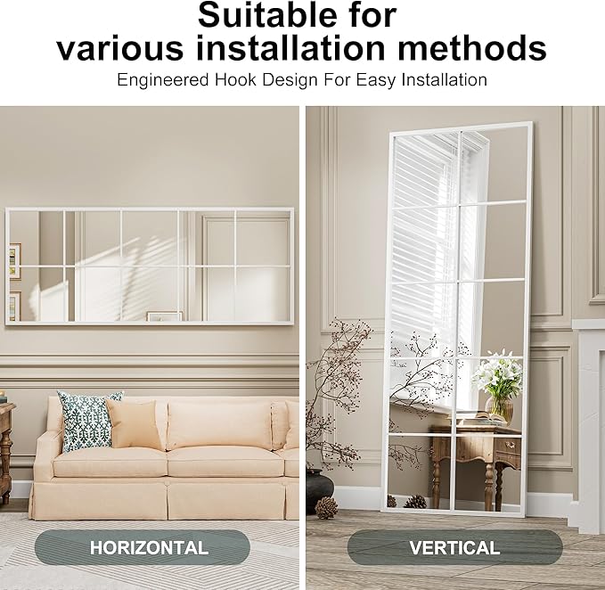 Full Length Mirror, 65"x24" Window Pane Mirror for Wall Decor, White Full Body or Wall Mounted Mirrors, Farmhouse Standing Mirrors Hanging or Leaning for Living Room, Entryway, No Stand