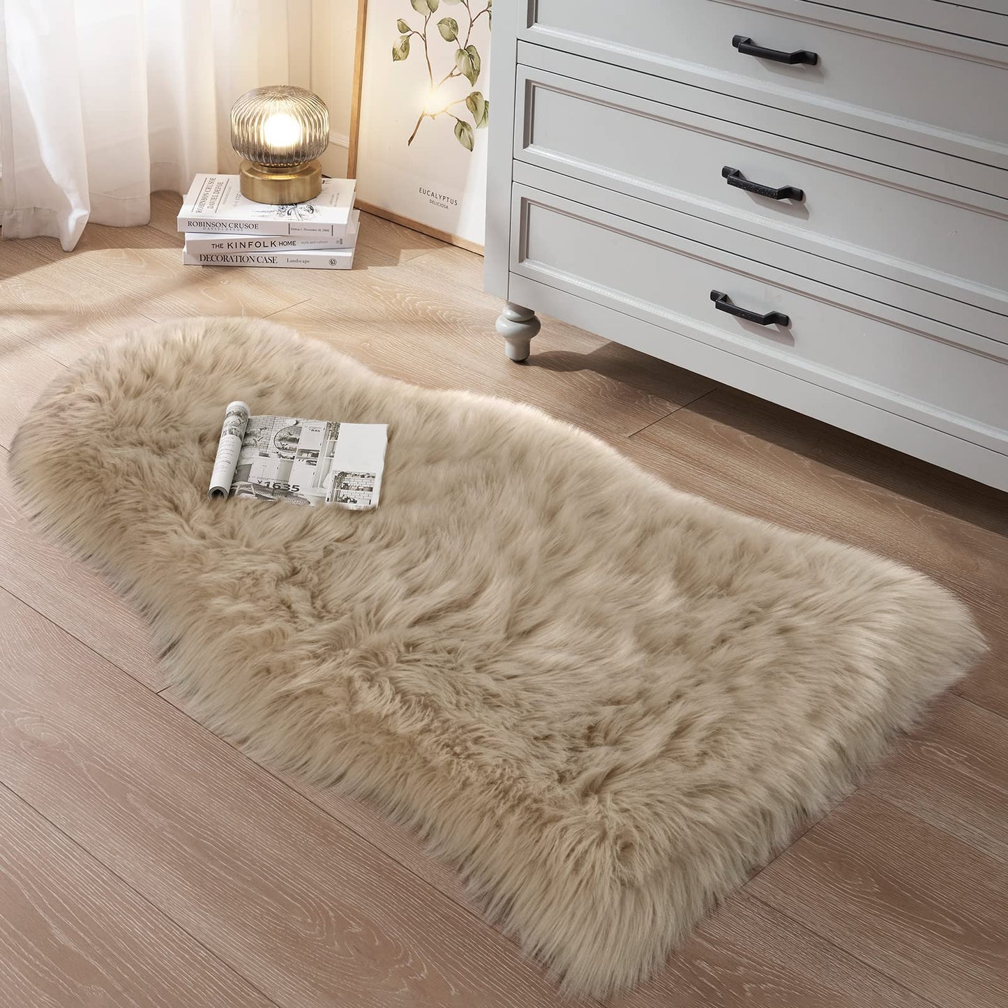 Small Faux Fur Sheepskin Rug 2x4 ft Ultra Soft Chair Sofa Cover Seat Pad, Beige Fluffy Shag Rugs for Bedroom Nursery Kids Room, Luxury Shaggy Rug Fuzzy Plush Floor Carpets