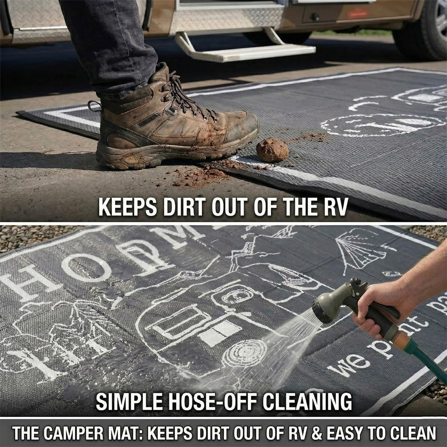 FACOYANS 9x12 FT RV Outdoor Rug - Home is Where We Park It Reversible Camper Mat - Waterproof Plastic Straw Camping Rug with Carry Bag - UV Resistant, Easy Clean Patio & Awning Mat