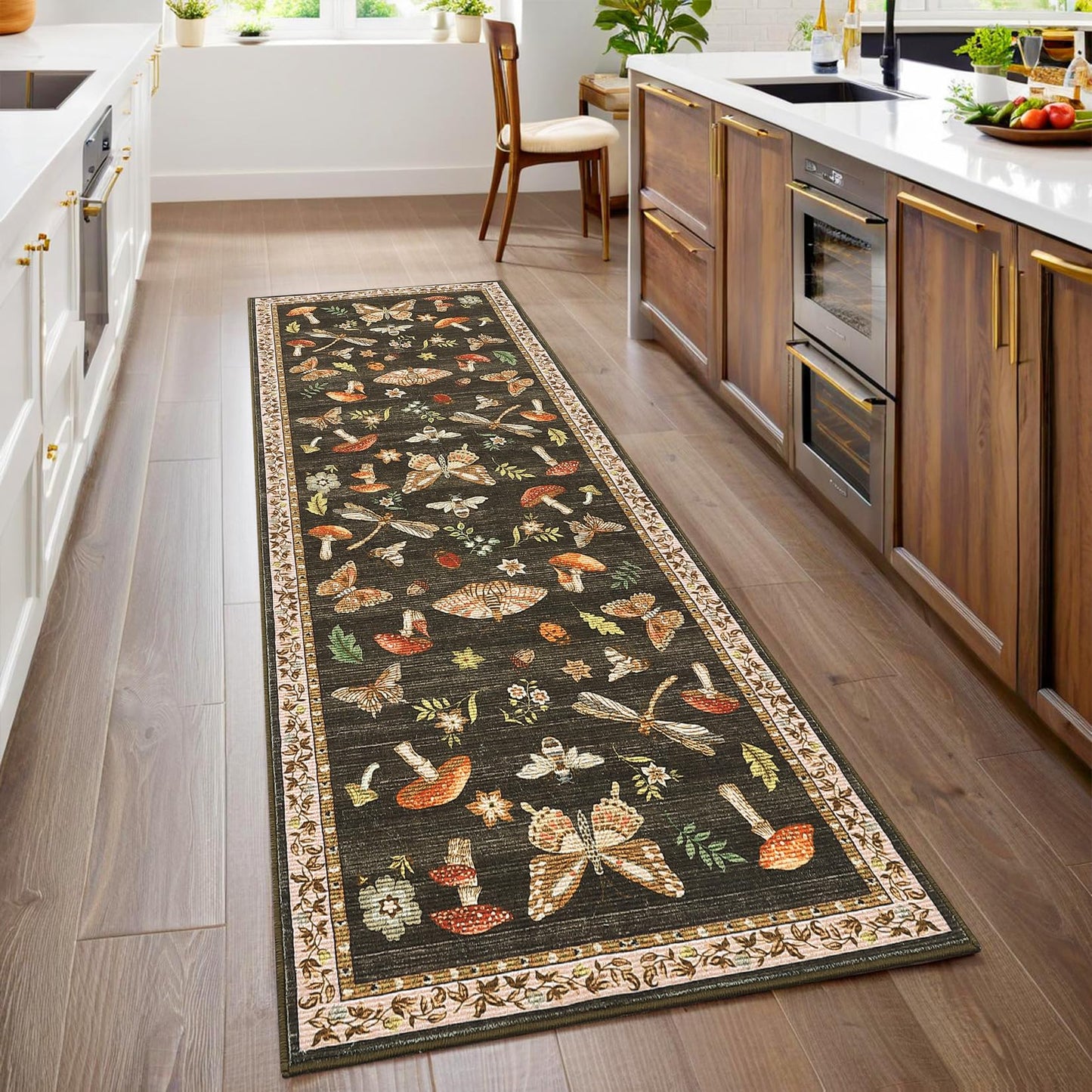 ROYHOME Mushroom Insect Washable Rug 2x6 Runners for Hallways, Boho Kitchen Runner Rugs Non Slip Bath Runner, Modern Bedroom, Soft Long Entryway Bathroom Laundry Dorm, Brown