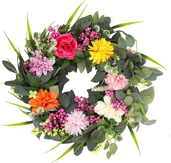 Wreaths for Front Door, 24 Inch Spring Fall Wreath with Vibrant Flowers and Greenery, Artificial Autumn Wreath for All Seasons Farmhouse Outdoor Indoors Holiday