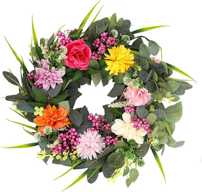 Wreaths for Front Door, 24 Inch Spring Fall Wreath with Vibrant Flowers and Greenery, Artificial Autumn Wreath for All Seasons Farmhouse Outdoor Indoors Holiday