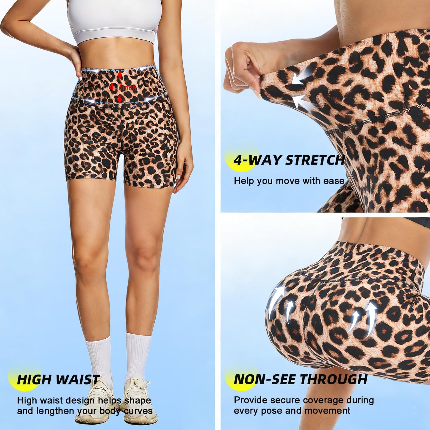 FULLSOFT High Waisted Biker Shorts for Women-5" Tummy Control Fitness Athletic Workout Running Yoga Gym Soft Shorts (Leopard,Small-Medium)