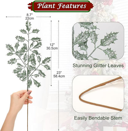 DILATATA 6Pcs Christmas Glitter Leaves Holly Leaves 23" Artificial Mint Green Holly Leaf Picks Sprays Giltter Stems for Christmas Tree DIY Xmas Wreath Garland Home Decor - Mint Green