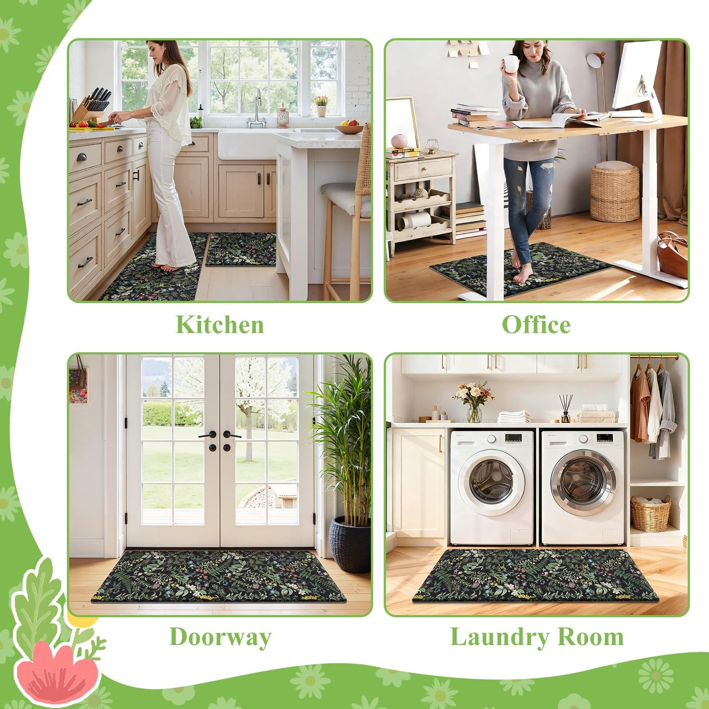 SHACOS Botanical Kitchen Rugs Set of 2, 17x27.5+17x47 inch