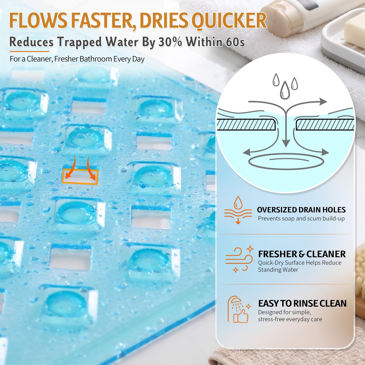 Yimobra Bathtub Mat Non Slip, 35"X16" Shower Mat with Strong Suction Cups & Drain Holes, Long Anti Slip Bath Tub Mat for Inside Shower, Machine Washable Fast Drying, Bathroom Essentials, Clear Blue