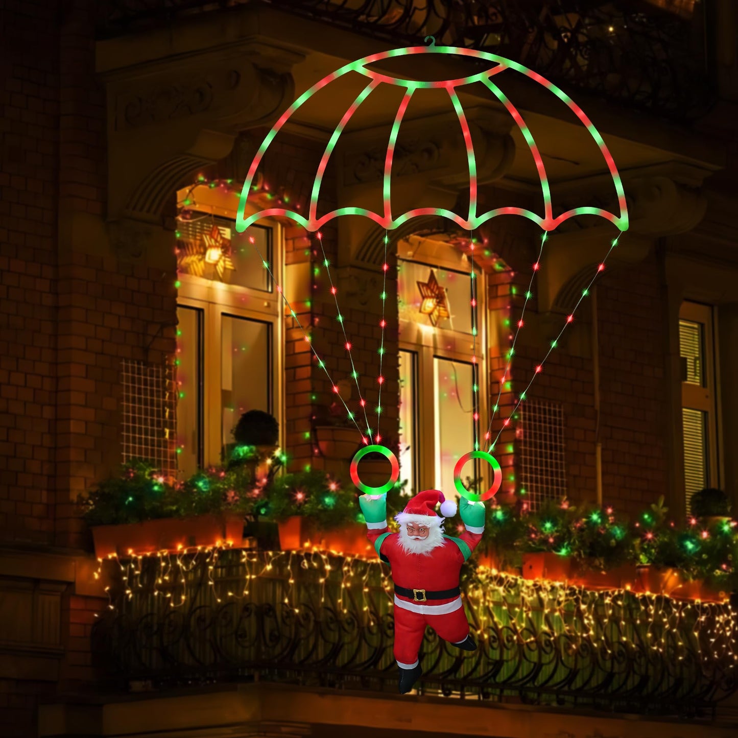 Toodour Christmas Decorations Lights Outdoor, 2.8FT Christmas Parachute Lights with Santa Claus, Waterproof 8 Modes Hanging Red & Green Xmas Light - Holiday Decorative Light for Indoor Eave Roof