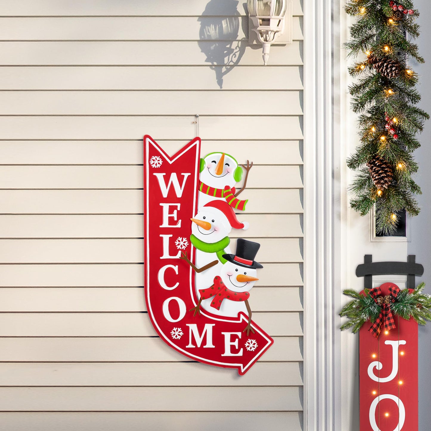 Glitzhome Christmas Welcome Yard Stake, 35.75 Inch Snowmen with Red Arrow Sign, Metal Outdoor Holiday Decor for Lawn, Garden, Porch, Easy Assembly Iron Wall or Ground Decoration