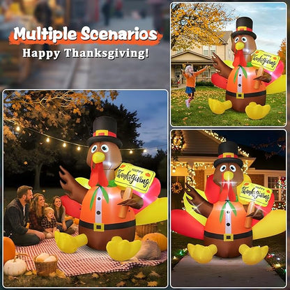 FunFanso 6 FT Thanksgiving Inflatable Turkey Outdoor Decoration, Blow Up Turkey with Pilgrim Hat and Colorful Tail, Holding Happy Thanksgiving Sign, Built-in LED Light for Autumn Holiday Harvest Party