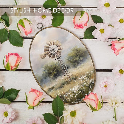 Fewgb Vintage Farmhouse Windmill Oval Wall Art Decor Framed, Rustic Country Canvas Wall Art Prints Picture, Cottagecore French Country Hanging Room Decor Artwork for Kitchen Bedroom Bathroom 9x12