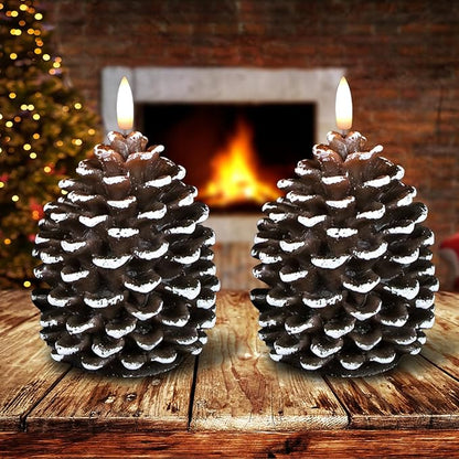 LED Flameless Pinecone Candles with 6H Timer, Waxy Pillar Candles, Christmas Candle 2 Pack Flickering Acorn Decor Woodsy for Fall Christmas Decor(Brown, 3.5 x 6 Inch)