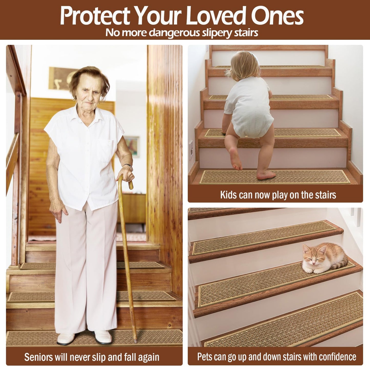 Braided Stair Treads Faux Jute,Non-Slip Stair Runners for Wooden Steps,Indoor,Farmhouse,15PCS 30"x8",Neutral Peel and Stick Stairs Carpet for Kids,Elders and Dogs,Stair Covers,Tan Brown