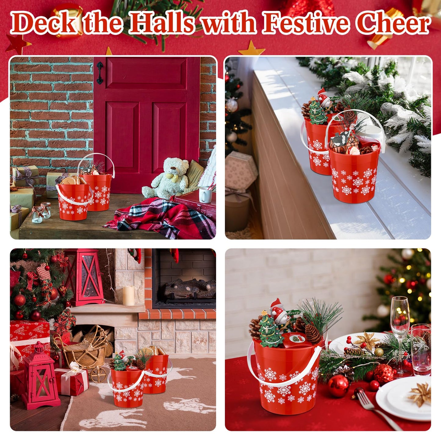 Sunnychicc 24 Pcs Christmas Plastic Buckets with Handle 4.69 x 3.78 x 4.8 Inch Christmas Snowflake Buckets Small Red Candy Pails Gifts Decorative Item Baskets for Winter Holiday Party Decorations