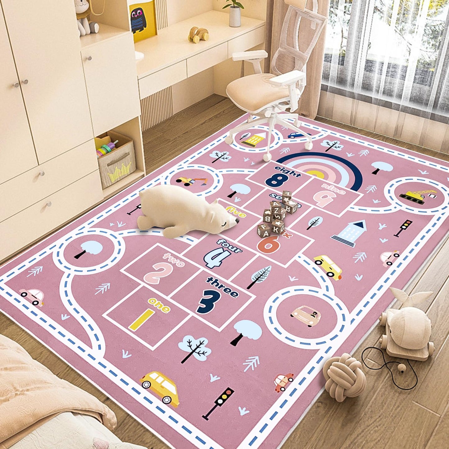 Abeigoi Play Mat Area Rug 5'x8' Pink, Extra Large Hopscotch Carpet for Kids Girls Bedroom Soft Classroom Rug Educational Learning Rug Children Rug