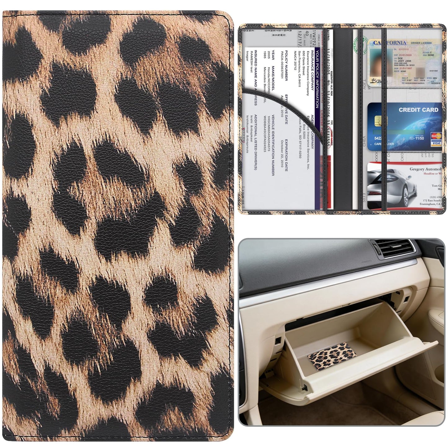 Miunice Car Registration and Insurance Holder, Premium Pu Leather Vehicle Glove Box Organizer - for Driver License, Cards & Essential Documents (L-Leopard)