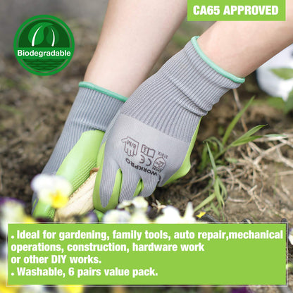WORKPRO 6 Pairs Garden Gloves, Work Glove with Eco Latex Palm Coated, Gardening Gloves, Working Gloves for Weeding, Digging, Raking, and Pruning (Large)