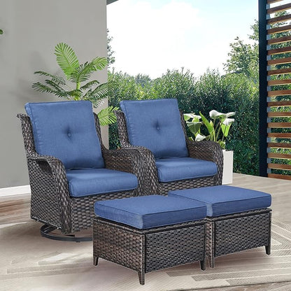Rilyson Wicker Patio Furniture Set - 4 Piece Rattan Outdoor Sectional Conversation Sets with 2 Swivel Rocking Chairs,2 Ottomans for Porch Deck Garden(Brown/Blue)
