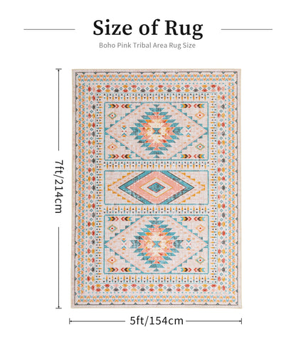 YIHOUSE Boho Living Room Area Rug 5'x7', Pink/Blue