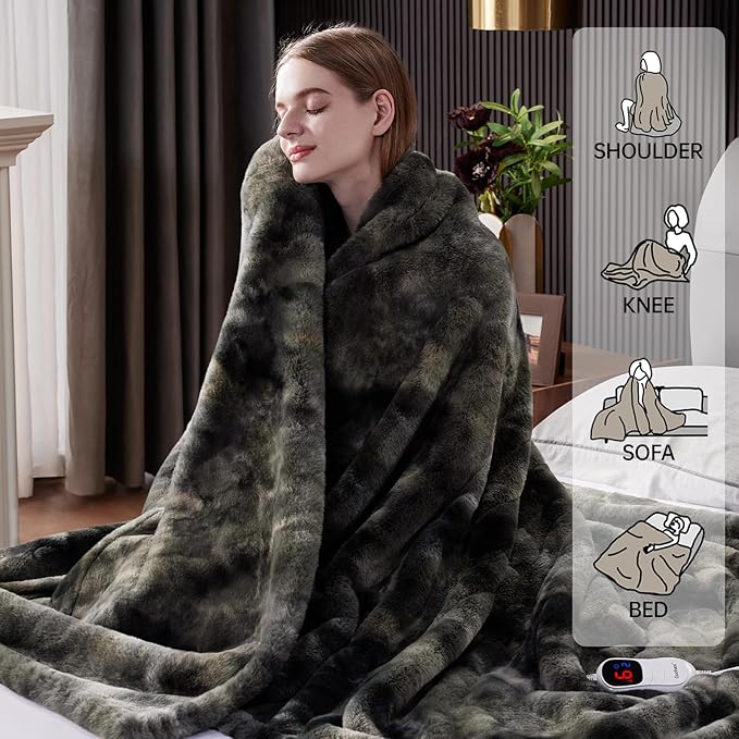 Guohaoi Heated Blanket Electric Throw, Soft Faux Rabbit Fur Electric Blanket with 10 Heating Levels 5 Sitting Timer Auto Off, Cozy Warm Heating Blankets, Machine Washable(90"×100" Dark Grey)
