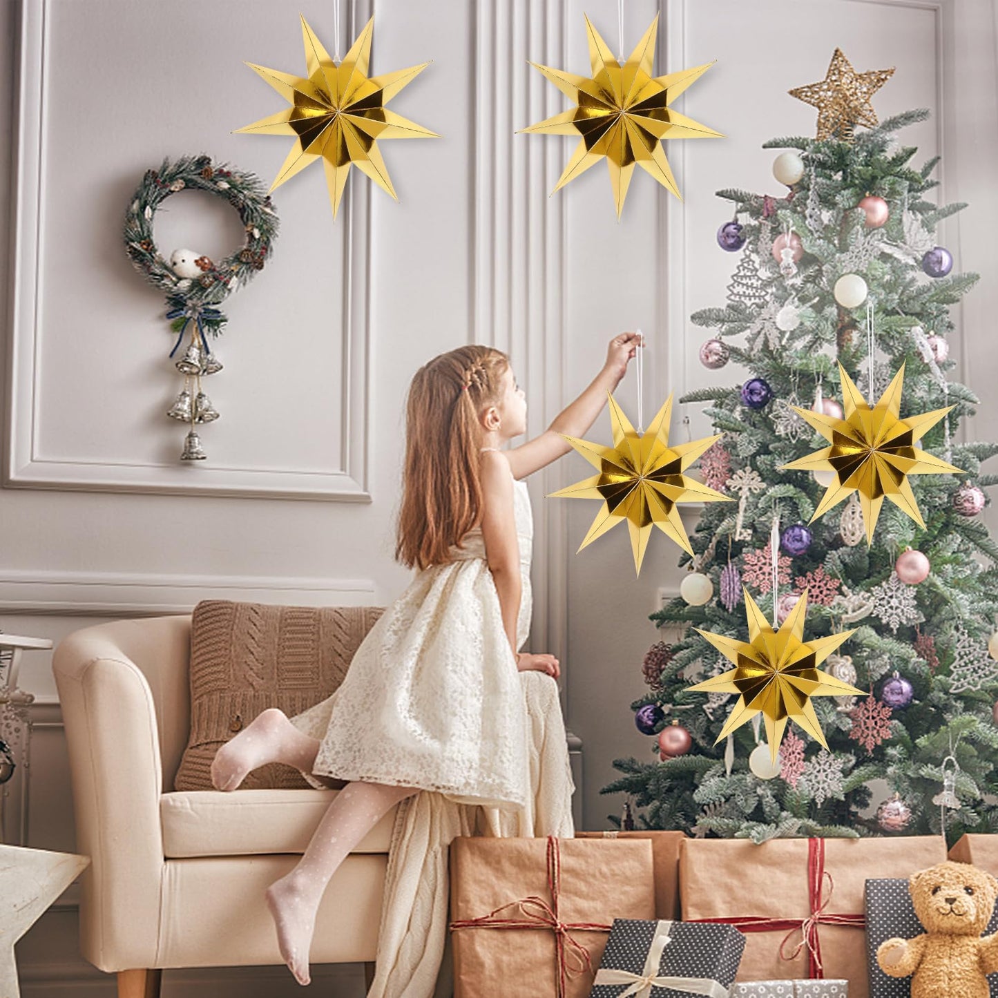 BestoFun 12 Inches 5 PCS Gold Paper Star Lanterns Christmas Party Decorations Hanging Stars Wedding Birthday Christmas Home Party Decorations(9 Pointed)