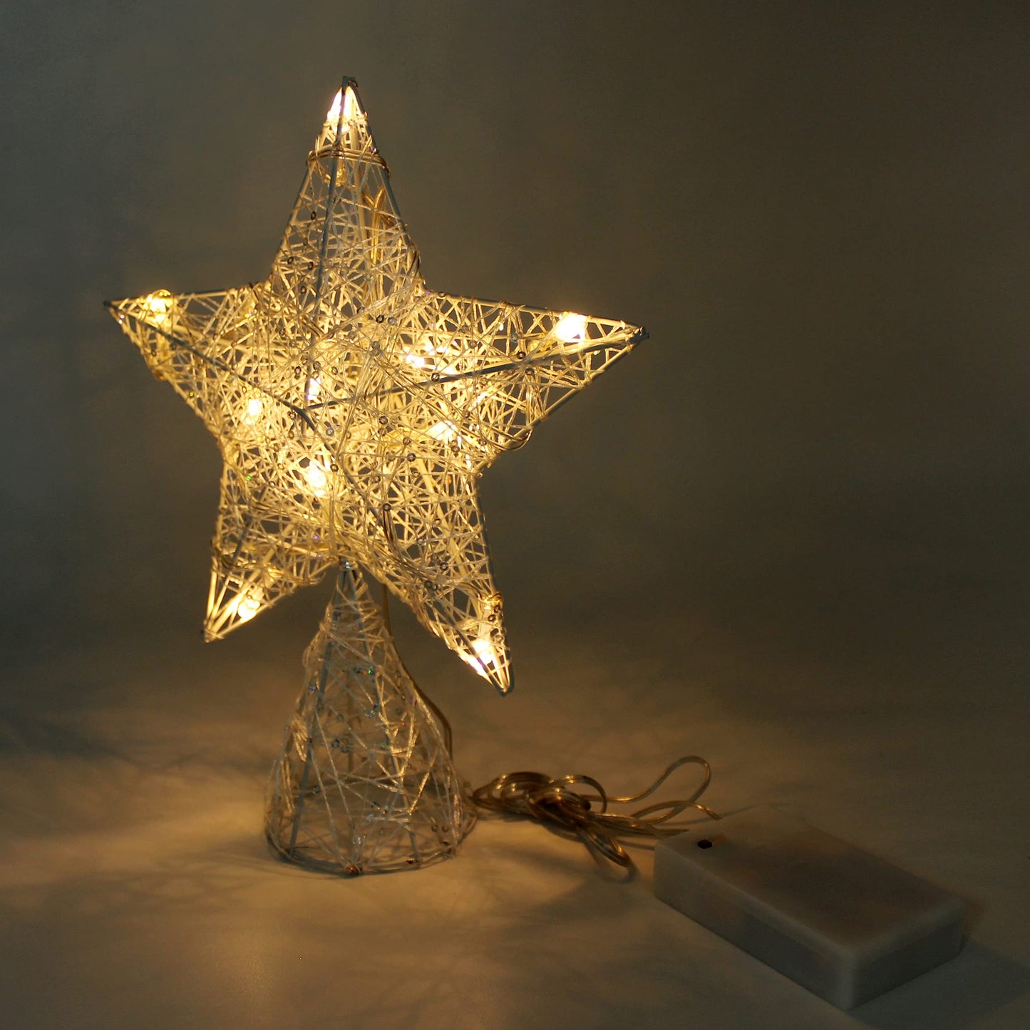 CVHOMEDECO. White Tree Top Star with Warm White LED Lights and Timer for Christmas Ornaments and Holiday Seasonal Décor, 8 x 10 Inch