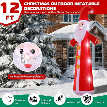 12FT Christmas Inflatables, Giant Santa Christmas Inflatable Outdoor Decoration, Christmas Outdoor Inflatables with Built-in LEDs, Christmas Blow Up Yard Decorations for Party Holiday Lawn