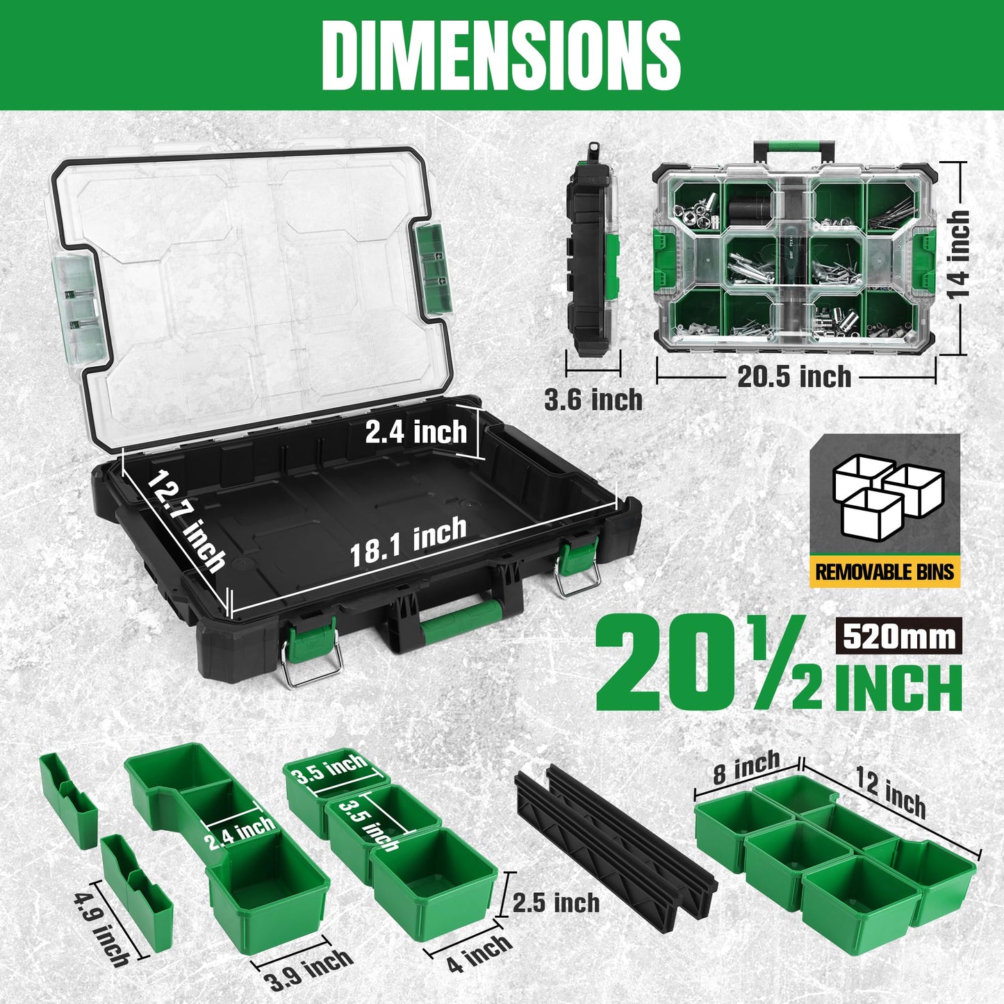 SK 20.5-Inch Small Part Organizer, Stackable Tools Box Organizer with 15 Compartments and Removable Dividers, Transparent Lid, Waterproof & Impact-Resistant Design, for Small Tools and Accessories