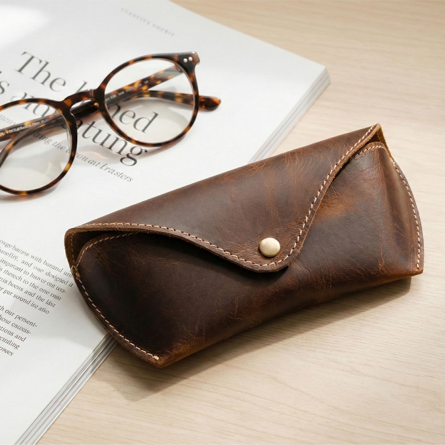 Genuine Leather Sunglass Cases, Portable - Slim Eyeglass, Glasses Holder for Men & Women with Button-Closure Sunglass Organizer for Travel & Outdoor (Brown)