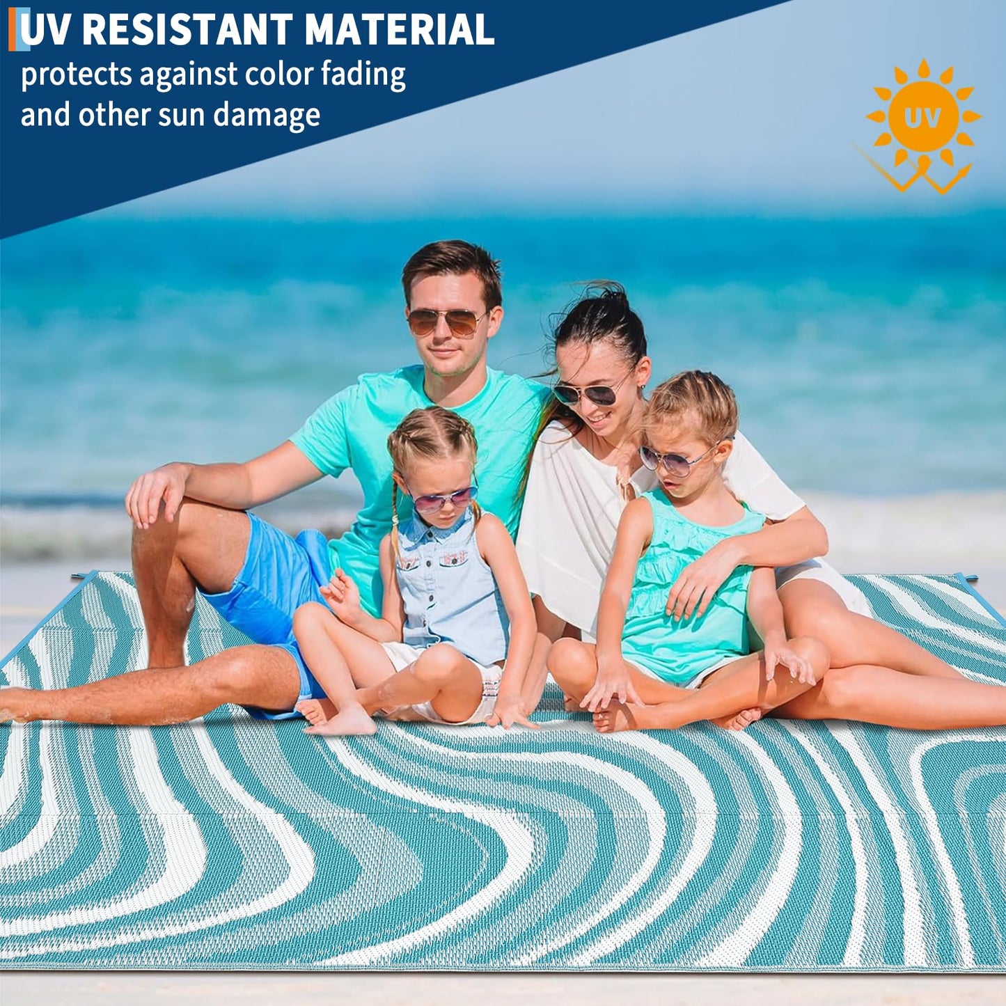 Garvee Large Modern Outdoor Rug 9x12 Patio Rugs Outdoor Waterproof Reversible Plastic Straw Camping Rug, Abstract Outside Rugs for Picnic Backyard Deck Balcony Porch Beach Trailer, Light Blue