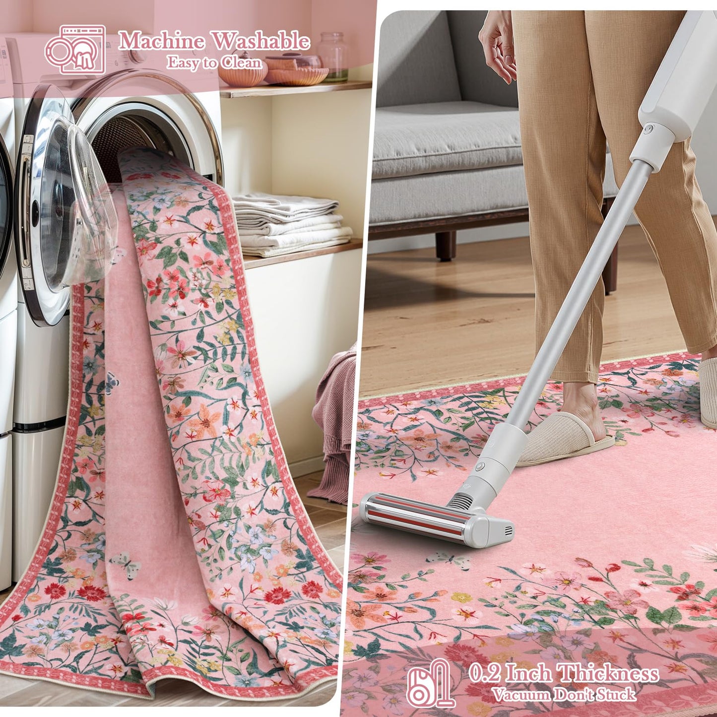 Wonnitar 5ft Round Washable Area Rug, Pink Floral Nursery Rug, Low Pile Soft Circle Rug for Kids Playroom, Boho Flower Accent Carpet, Girls Room Vanity Decor (5ft Round Pink)