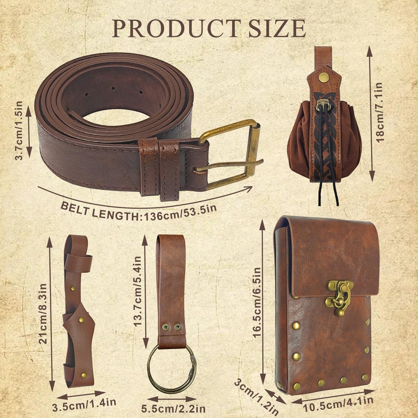 5PCS Renaissance Accessories, Medieval Viking Leather Belt Set Phone Pouch, Waist Bag, Keychain, Fan Case & Belt for Halloween Cosplay LARP Ren Faire Pirate Costume Accessories, Brown