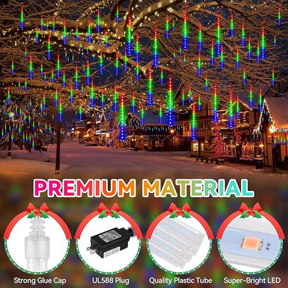 KNONEW Christmas Lights Outdoor, 15 inch 24 Tubes 672 LED Meteor Shower Lights Plug in Waterproof Falling Rain Light for Xmas Tree Wedding Party Garden Holiday Rooftop Decorations (Multicolor)