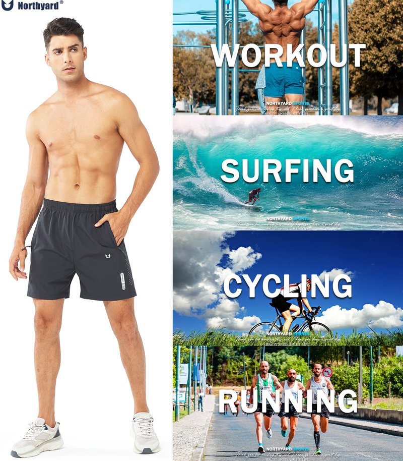 NORTHYARD Men's Athletic Running Shorts Gym Workout 7"/9"/5" Quick Dry Lightweight Sports Basketball Tennis 3 Zipper Pockets DARKGREY-5inch M