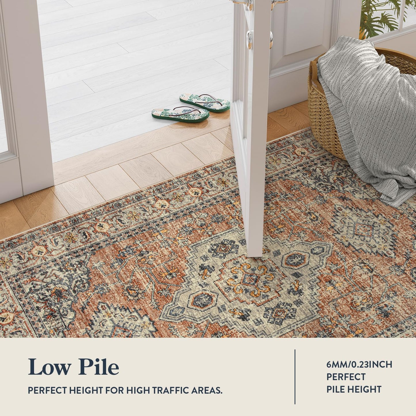 Lahome Oriental Hallway Runner Rug, 2.5x8 Kitchen Runner Non Slip Ultra-Thin, Soft Washable Hallway Rug Distressed Long Carpet for Entryway ‎Laundry Room Bathroom Eleanor, Peach/Orange