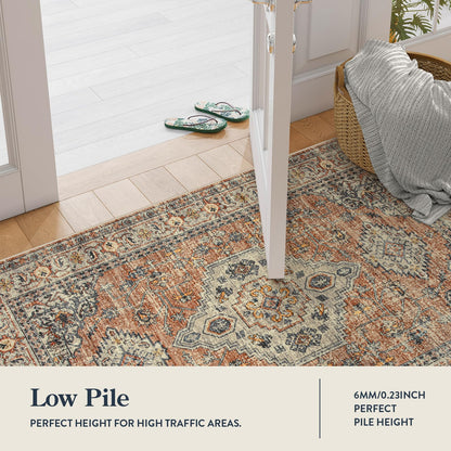 Lahome Oriental Kitchen Runners for Hallways, 2.5x10 Washable Runner Rug Non Slip, Soft Hallway Rug Distressed Ultra-Thin Long Carpet for Bathroom Entryway ‎Bedroom Eleanor, Peach/Orange