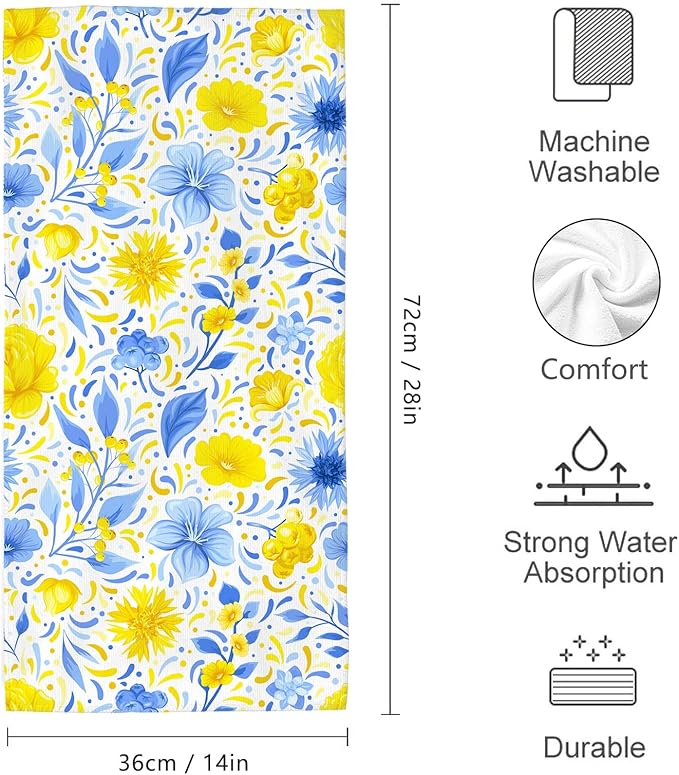 Blue Yellow Floral Decorative Towels for Bathroom Absorbent Watercolor Flower Bath Hand Towels for Bathroom Spa Gym Yoga Farmhouse Spring Summer Home Decor Housewarming Gifts Set of 2