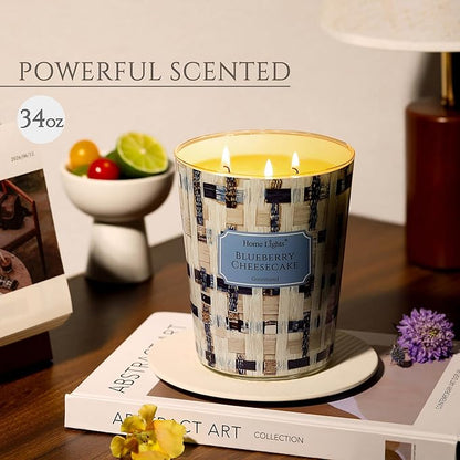 HomeLights Scented Candles for Women & Men, 34oz Candle Jars Aromatherapy 3-Wick Candle, Ideal for Rustic Modern Home Decor and Gifts, Blueberry Cheesecake