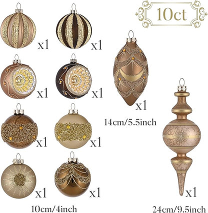 Valery Madelyn Glass Christmas Ornaments Set, 10ct Bronze Copper and Gold Mercury Blown Glass Christmas Tree Ball Decorations, Luxury Xmas Hanging Teardrop Finial Faceted Reflector for Holiday Decor