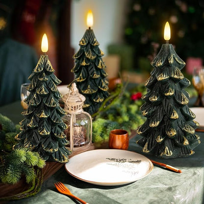 Green Christmas Tree Shaped Flameless Candles with Timer, Real Wax 3D Wick Flickering Battery Operated LED Candles for Christmas Home Party Decoration Set of 3