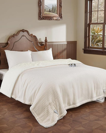 CAROMIO Heated Blanket Queen Size with LCD Dual Controller, Waffle Weave Fast Heating Electric Blankets, 10 Heat Levels & 1-12H Time Settings, ETL Certified, Machine Washable, Beige, 84" x 90"