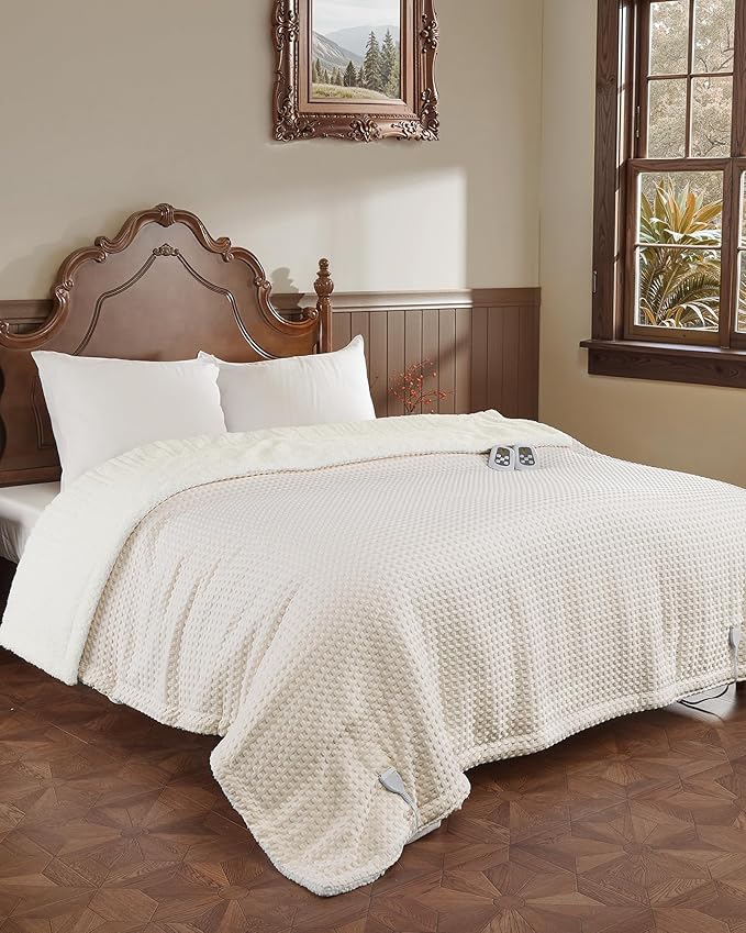 CAROMIO Heated Blanket King Size with LCD Dual Controller, Waffle Weave Fast Heating Electric Blankets, 10 Heat Levels & 1-12H Time Settings, ETL Certified, Machine Washable, Beige, 100" x 90"