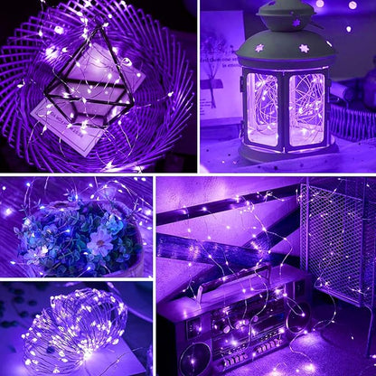 pozzolanas 100 Pack Purple Fairy Lights Battery Operated 3 Modes 7FT 20 LED Waterproof String Lights Twinkle Silver Wire for Mason Jars Wedding Christmas Halloween Party Decor (100, Purple)
