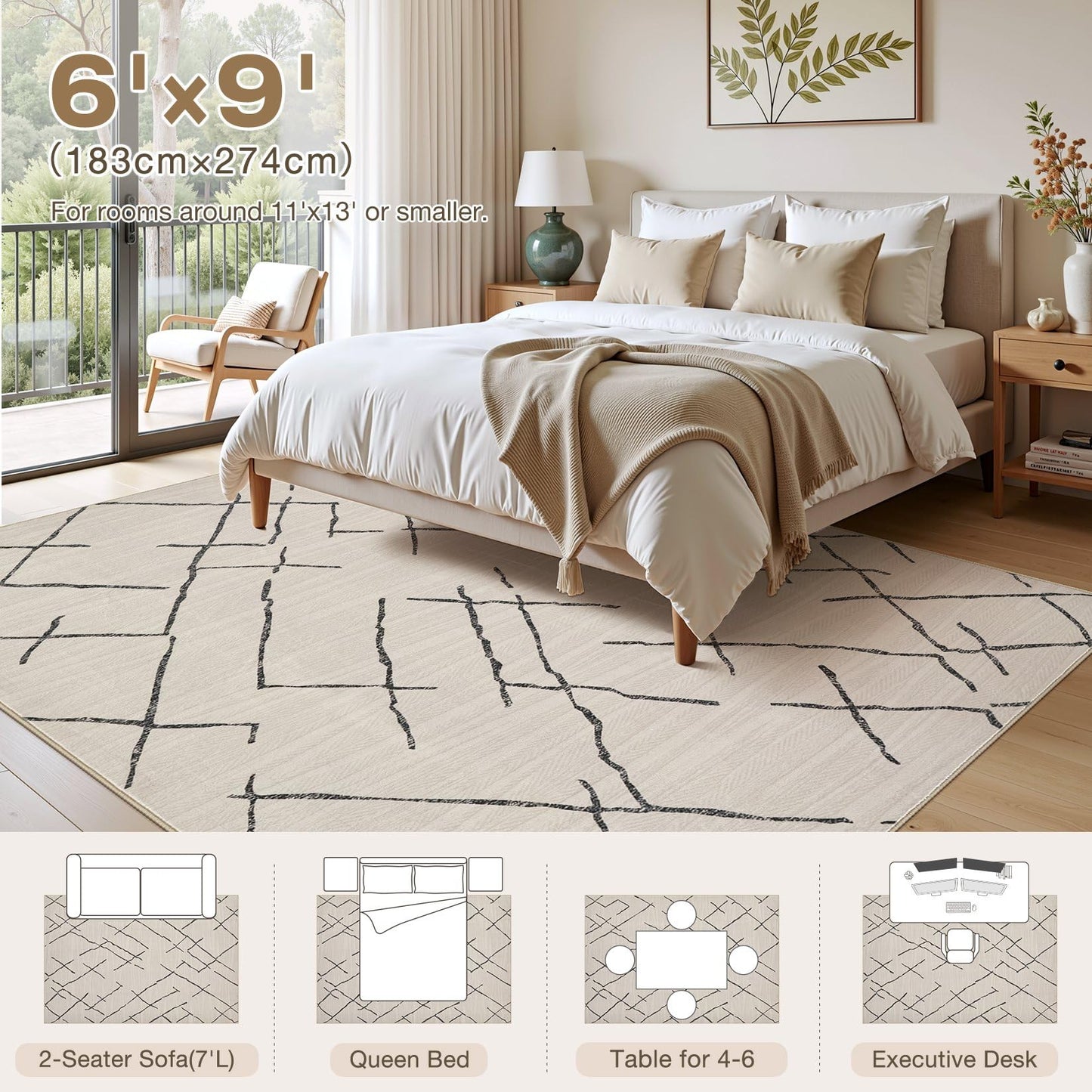 kakania 6x9 Washable Area Rug: Non Slip Soft Thin Carpet, Boho Geometric Modern Decor, Easy Clean Indoor Floor Rugs for Living Room Bedroom Kids Dorm Office Dining - Beige